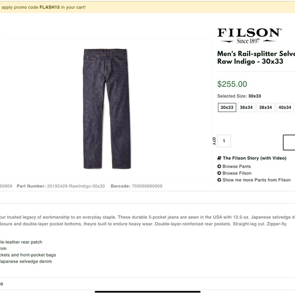 Filson Men's Rail-splitter Selvedge Jeans - 32x33 - Picture 2 of 6
